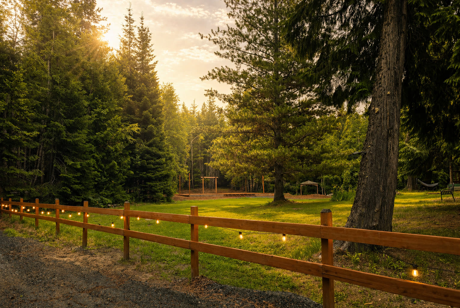 Autumn meadow with seating under colorful trees