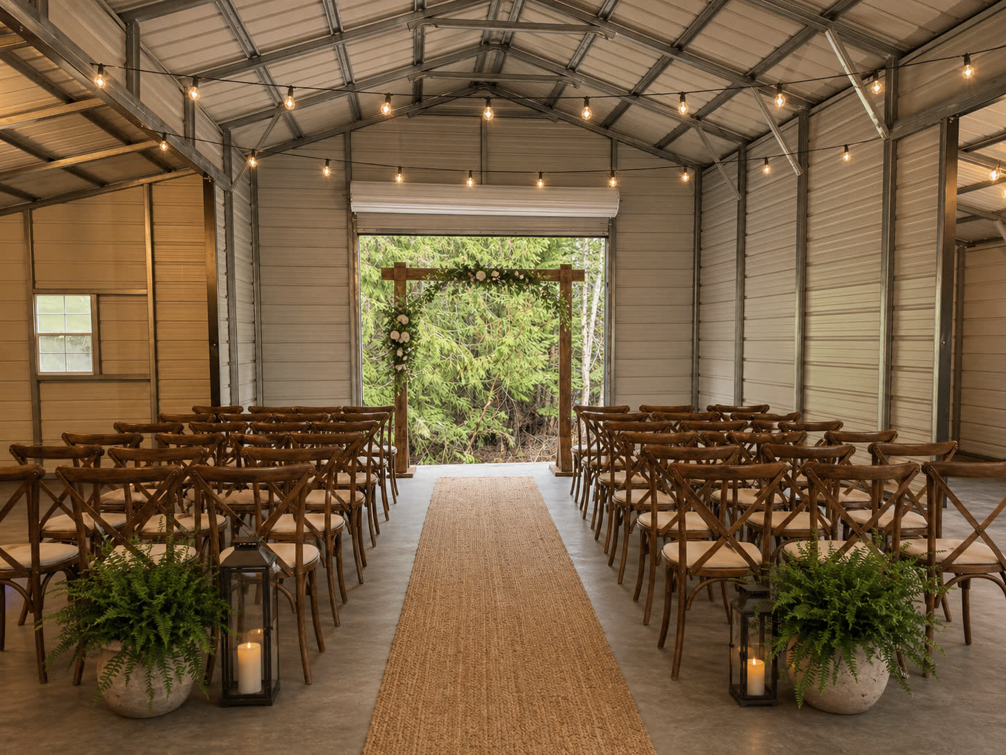 Reception tent with garlands and warm lights