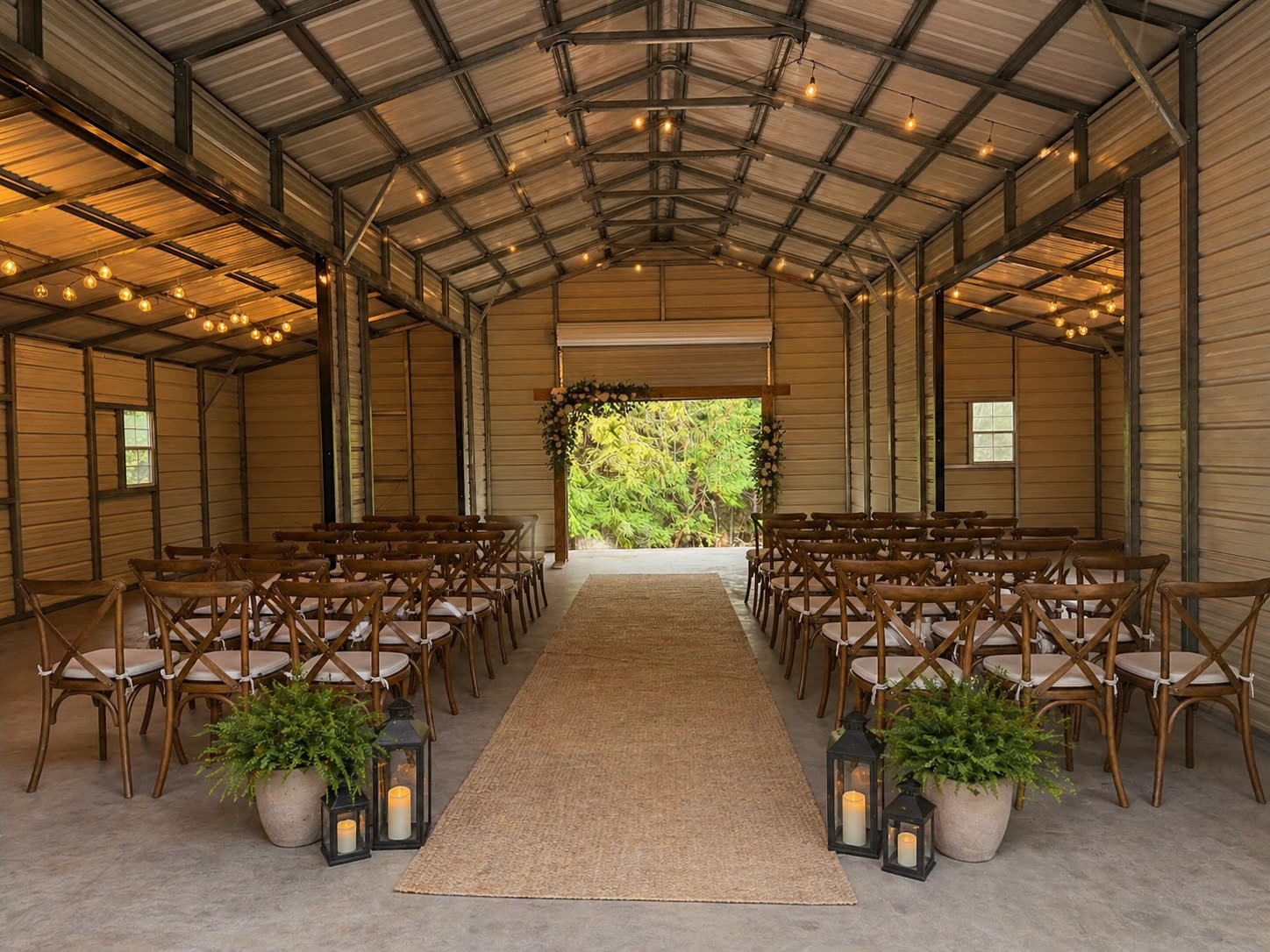 Event center interior with string lights and open layout